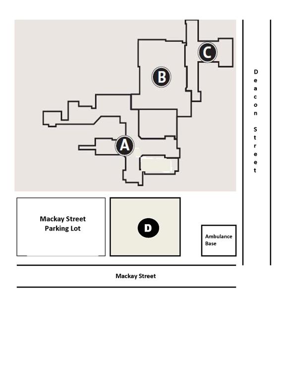 Map outlining the layout of the PRH complex including location of parking lots and ambulance base 